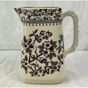 Two's Company Brown Transferware Pitcher 44oz Floral Ceramic Jug Square Rim 7.5"